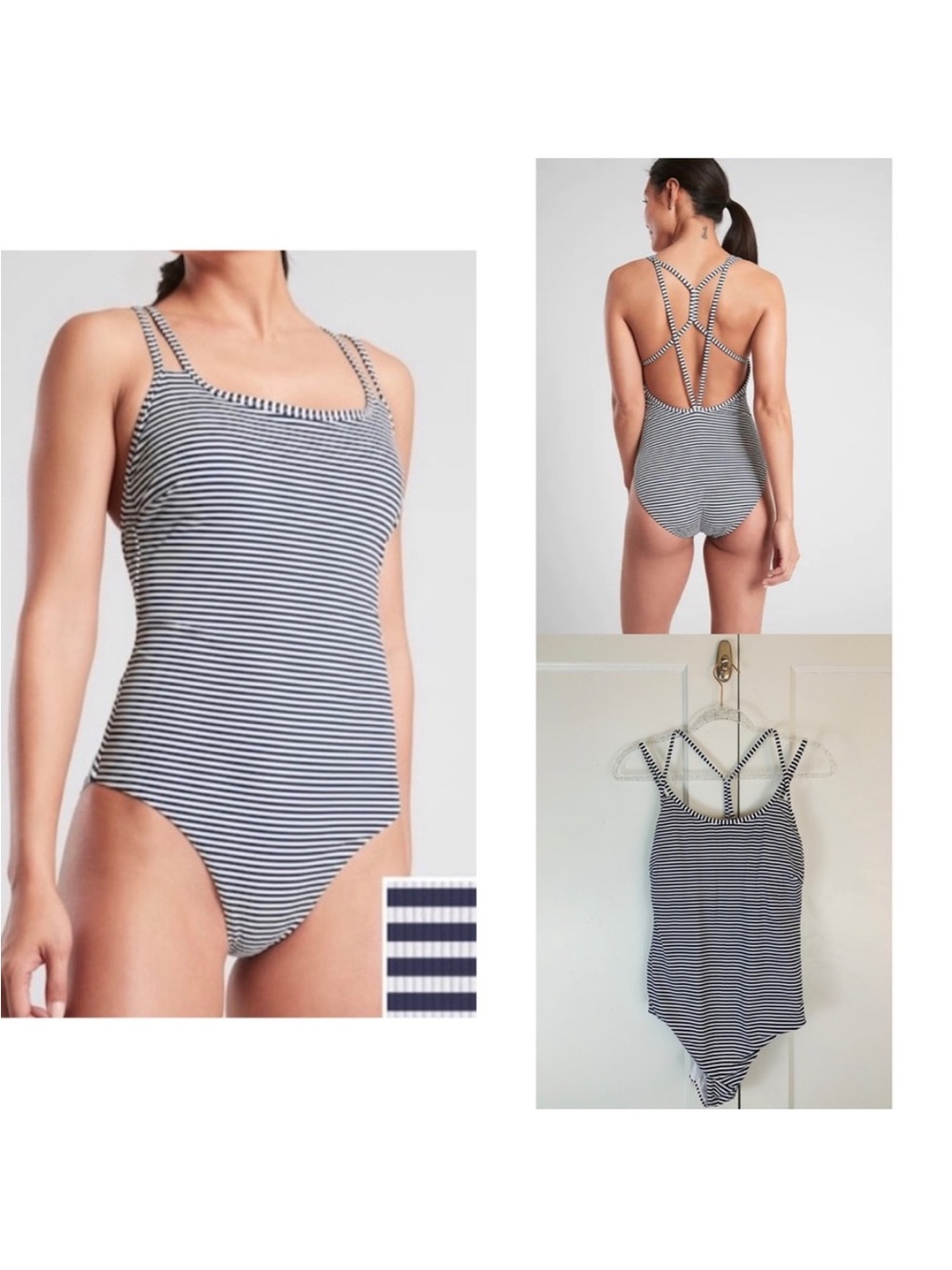 Athleta Navy Blue & White Striped One Piece Bathing Suit Large Nautical